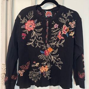 Johnny Was Black Embroidered Floral Sweater